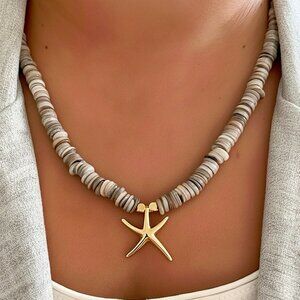 Mother of Pearl Star Necklace, Gold Plated Star Pendant Adjustable Beaded Neckl